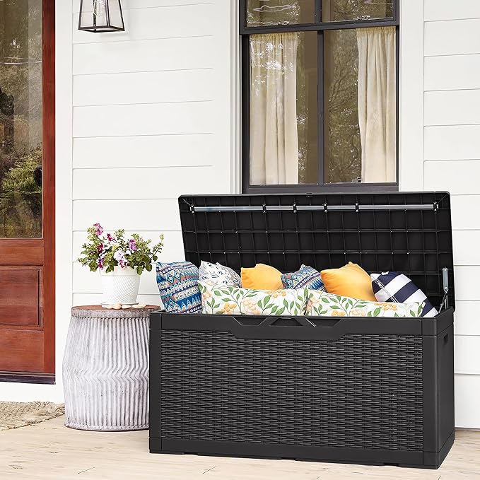 Flamaker Deck Box with Cushion 100 Gallon Waterproof Resin Storage Box with Air Rod Indoor Outdoor Lockable Storage Bench for Patio Furniture, Tools, Pool Accessories (Black) - Image 7