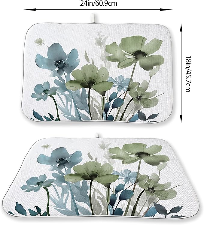 Blue Sage Green Dish Drying Mats 18x24 Inch Mats Vintage Floral Spring Drying - Image 2