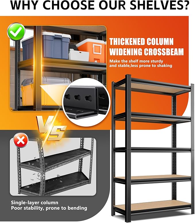 AOAORRG Garage Shelving Heavy Duty Storage Shelves, Metal Adjustable Shelving Unit, Utility Garage Organizer Shelf for Basement, Pantry, Kitchen, Warehouse, 33.5" Wx15.7 Dx35.4 H, Black - Image 5