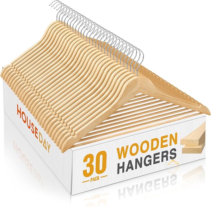 HOUSE DAY Slim Wooden Hangers 30 Pack, Solid Wood Hanger by HOUSEDAY