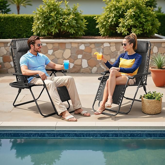 Homall Zero Gravity Chair - Adjustable Folding Lawn Chairs - Outdoor Gravity Reclining Lounge Chair with Pillows - Set of 2 (Double-Gray) - Image 9