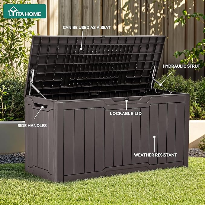 YITAHOME 80 Gallon Outdoor Storage Box, Large Water Resistant Resin Deck Box, Indoor Outdoor Lockable Storage Container for Patio, Garden, Cushions, Tools, Equipment (Dark Brown) - Image 3