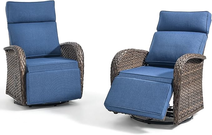 Zero Gravity Patio Swivel Rocking Recliner Chairs Set of 2 - Wicker Outdoor Lounge Chair with Adjustable Backrest & Footrest, All Weather Reclining Rocker Chairs with Thick Cushion for Pool Deck Blue - Image 7