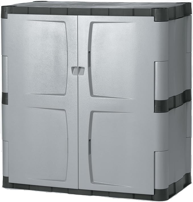 Rubbermaid Freestanding Storage Cabinet with Doors 18"D x 36"W x 37"H Medium Gray/Black Two-Shelf Lockable Cabinet for Indoor/Outdoor/Garage Storage for Garden Tools/Lawn Care Accessories by Rubbermaid