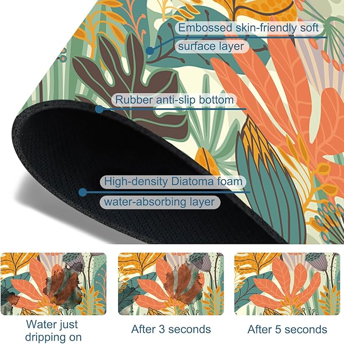 Abstract Leaves Sink Faucet Absorbing Mat Boho Leaves Super Absorbent Fast - Image 3