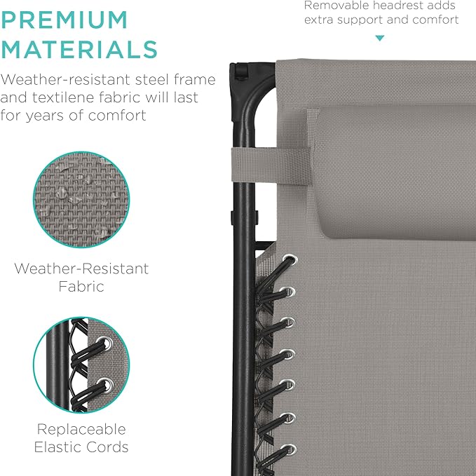 Best Choice Products 30” Wide Folding Zero Gravity Outdoor Recliner Patio Lounge Chair w/Adjustable Canopy Shade, Headrest, Side Accessory Tray - Ice Gray - Image 7