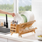 Bamboo Dish Drying Rack with Utensil Holder, 2 Tier Collapsible Dish Rack - Image 6