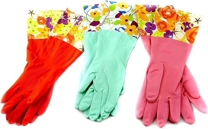 Home & Style 3 Pair Decorative Boutique Latex Cleaning Dishwashing Gloves by home+style