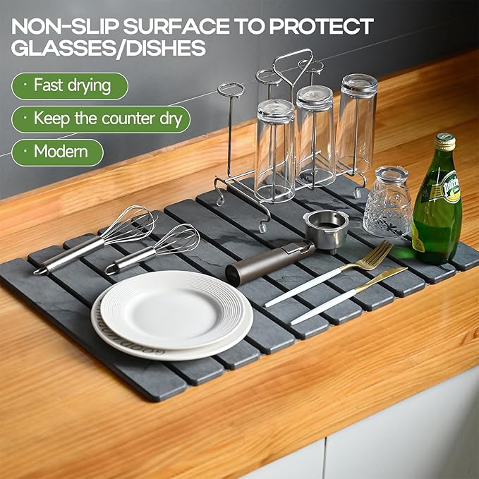 Large Stone Drying Mat for Kitchen Counter, Quick Drying Mat, Glasses and - Image 2