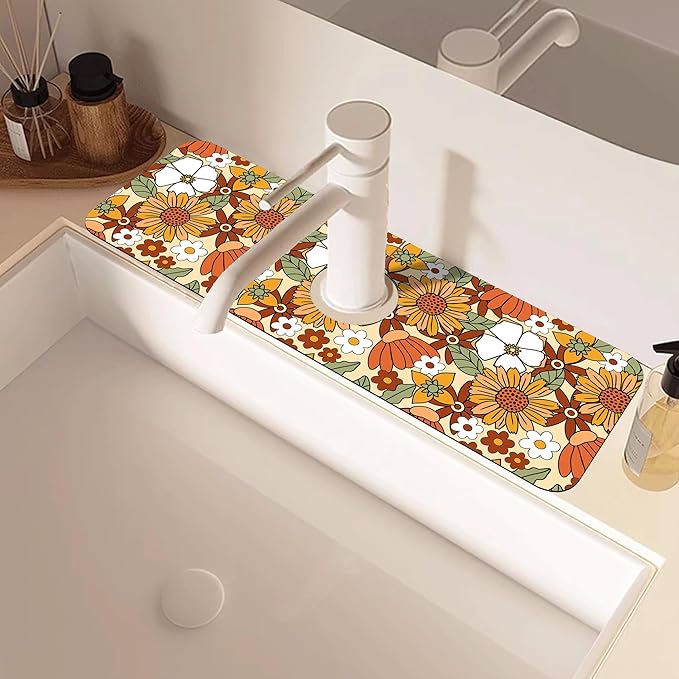 70s Retro Orange Floral Kitchen Sink Splash Guard Mat Absorbent Fast Drying Mat - Image 2