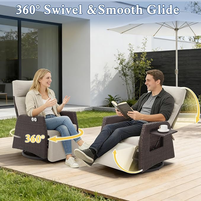 Adjustable Outdoor Recliner Chair with Independent Backrest & Footrest, Patio Swivel Recliner Chair, Wicker Reclining Patio Chair w/Flip-Up Table, 155° Lay Flat Chaise Lounge, Beige, 2PCS - Image 3