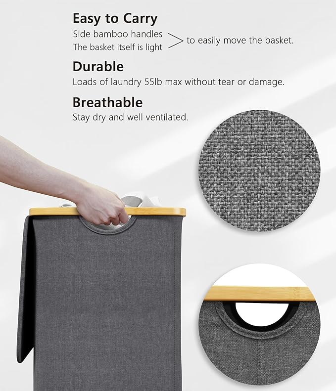 SUOCO Laundry Hamper with Lid, 29 Gal Clothes Basket with Bamboo Handles - Image 7