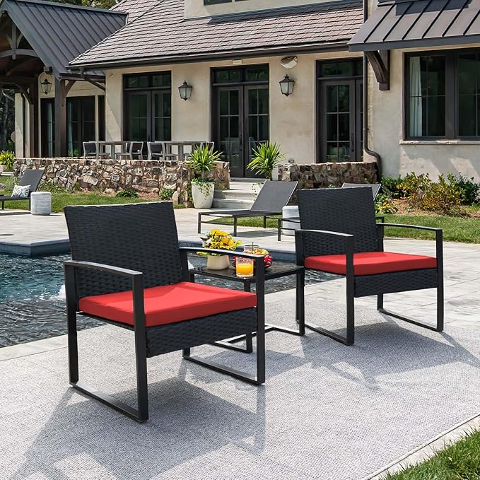 Flamaker 3 Pieces Wicker Patio Furniture Outdoor Modern Rattan Chair Conversation Sets with Coffee Table for Yard and Bistro (Red) - Image 5