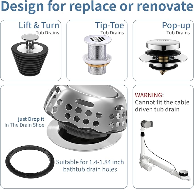 3 in 1 Bathtub Stopper, Bathtub Drain Hair Catcher, Replaces Lift and Turn - Image 3