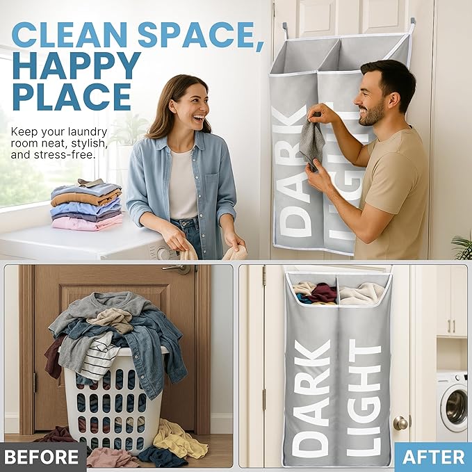 Hanging Laundry Hamper Bag XL 40x22", Space Saving over the Door Storage Bags - Image 4