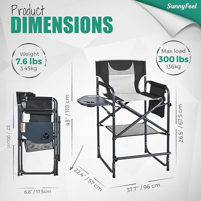 SUNNYFEEL Tall Camping Directors Chair, Portable Folding Artist Makeup Chair with Side Table, Pocket, Footrest, Heavy Duty for Beach,Trip,Picnic,Concert Outdoor Foldable Camp Lawn Chairs - Image 3