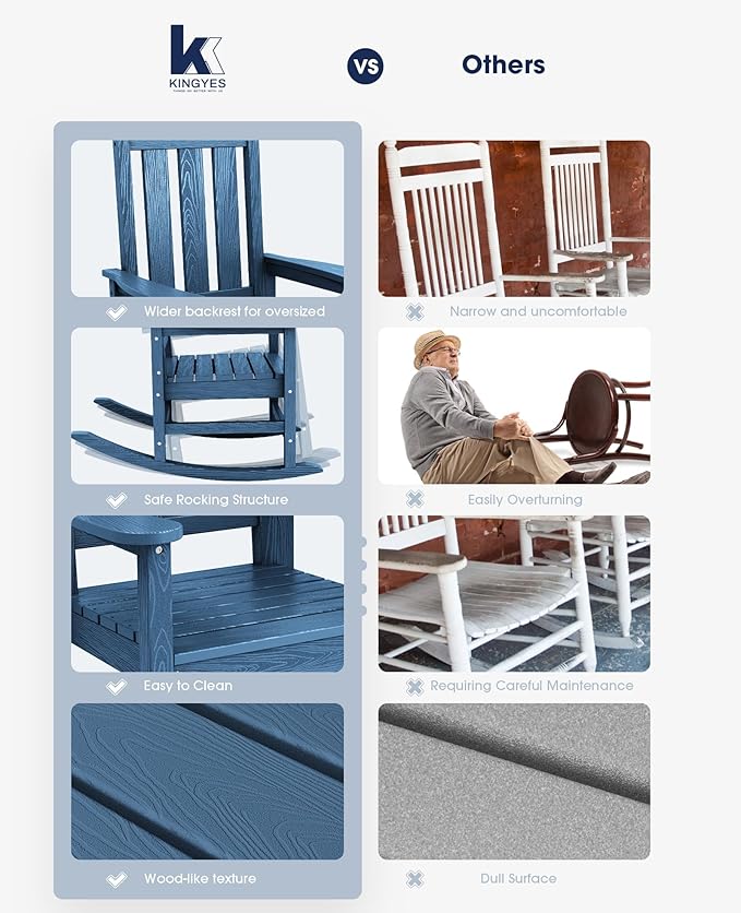KINGYES Oversized Outdoor Rocking Chair, All-Weather Patio Rocking Chairs for Porch, HDPE Outdoor Patio Rockers with High Back & Wide Seat for Garden, Lawn, Blue - Image 8