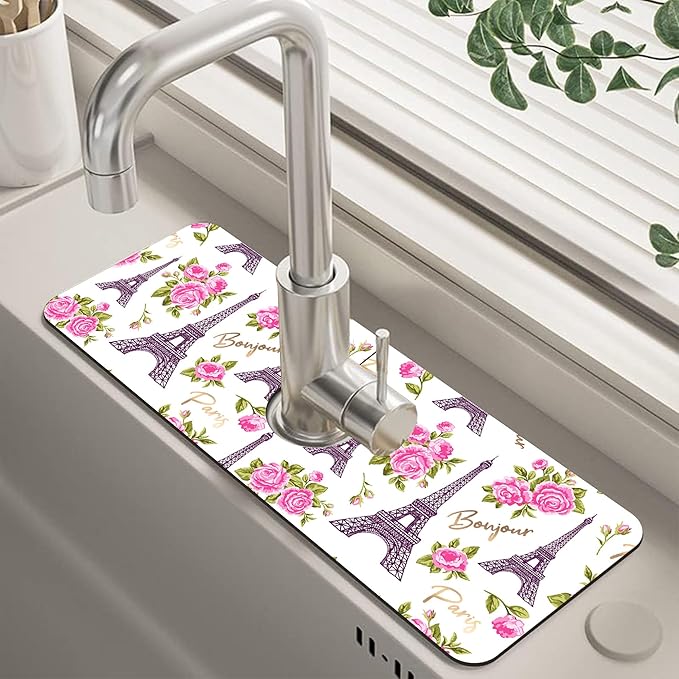 Romantic Eiffel Tower Roses Kitchen Sink Splash Guard Mat Absorbent Fast Drying by Unknown
