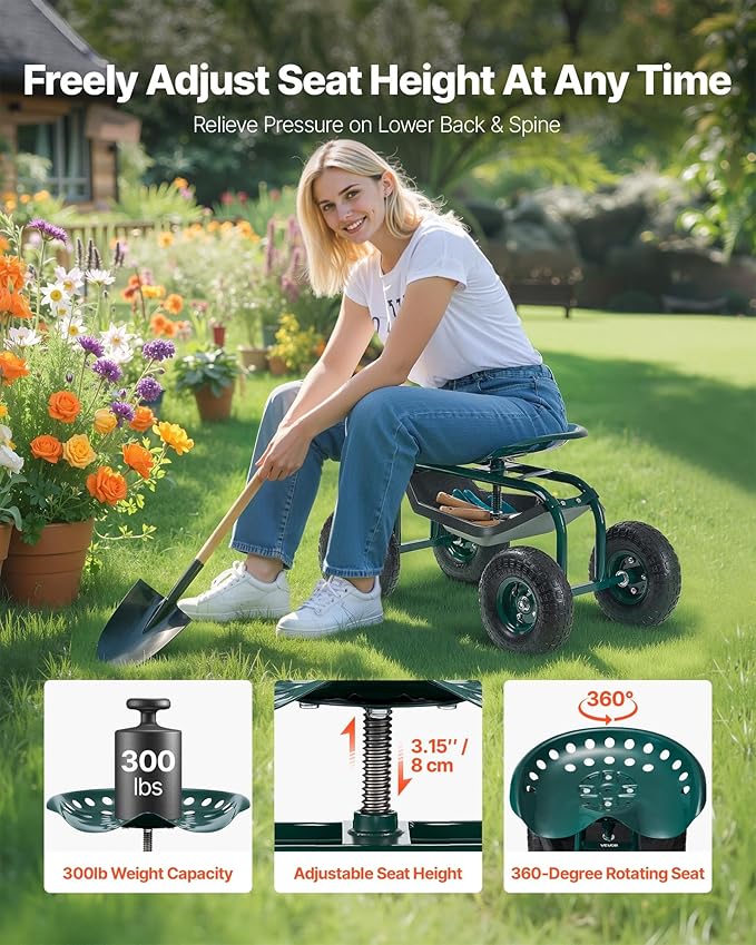 VEVOR Rolling Garden Cart with Swivel Seat, Heavy Duty Garden Seat with Storage Basket & Tool Tray, 300 lbs Weight Capacity, Outdoor Utility Gardening Stool Scooter for Lawn Yard Planting Weeding - Image 2