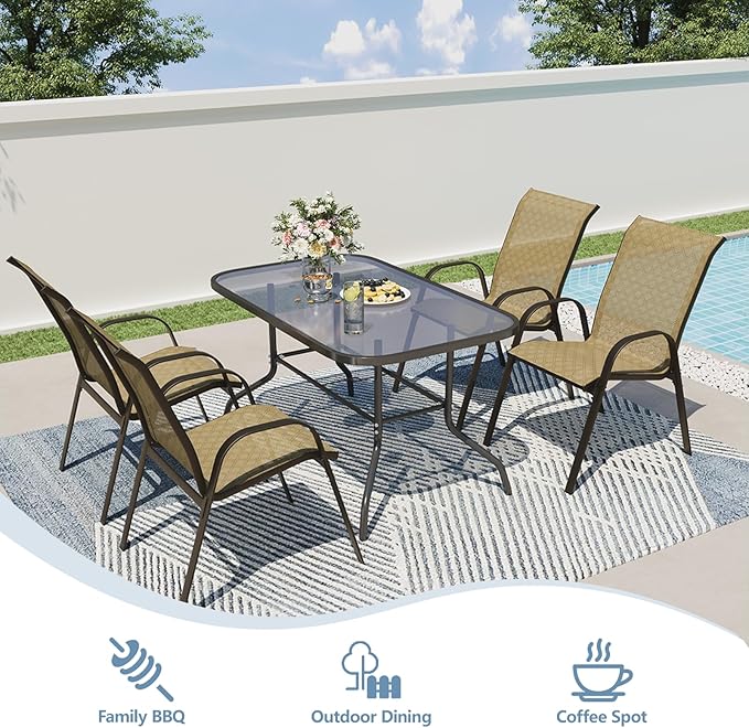 SWITTE Patio Chairs Set of 4 with Armrests, Outdoor Stackable Dining Chairs with Breathable Backrest and Metal Frame for Lawn, Garden, Deck, Poolside, Beige - Image 4