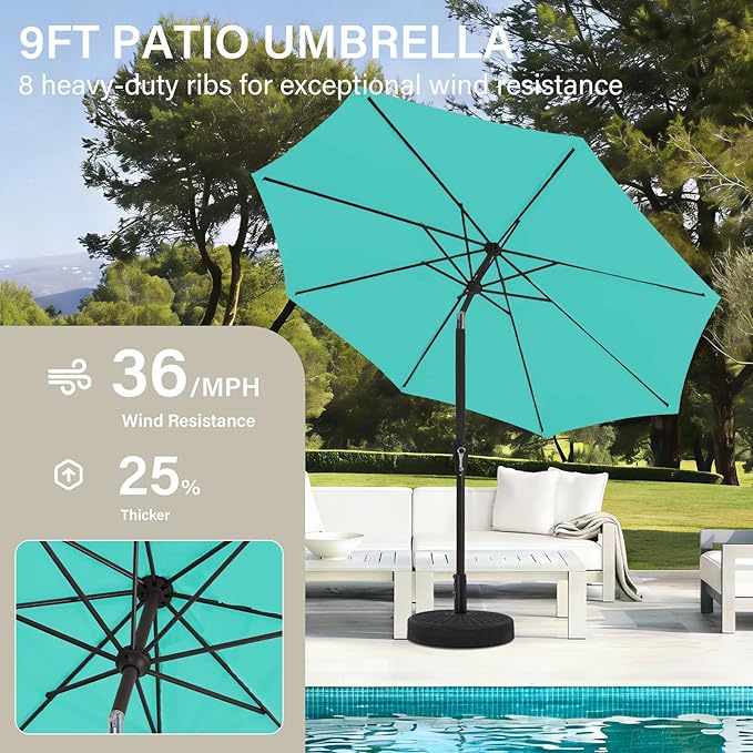 MEWAY 9ft Patio Umbrella Outdoor Table Umbrellas with Push Button Tilt and Crank, Market Umbrella 8 Sturdy Ribs for Deck, Garden, Pool and Backyard, Turquoise - Image 4