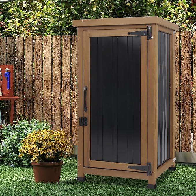 Small Outdoor Storage Cabinet Waterproof with Metal Top, Wood & Metal Outside Potting Bench Table Tool Organizer with Adjustable Shelf for Patio Backyard Garden - Image 2
