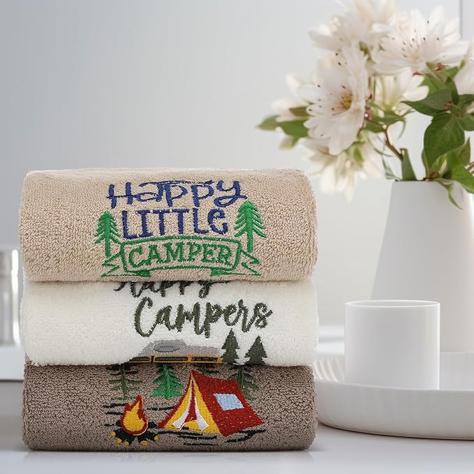 Kitchen 3 Pcs Camping Themed Hand Towels Embroidered Happy Camping Bathroom - Image 5