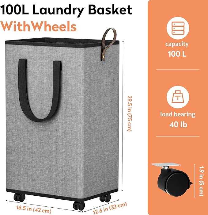 Laundry Basket with Wheels, Collapsible Laundry Baskets, Laundry Hamper with - Image 2