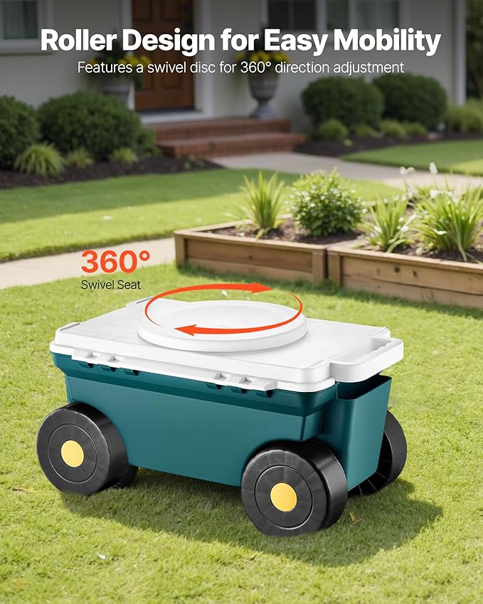 VEVOR Garden Scooter with Seat, 2 in 1 Rolling Garden Cart with Storage Bin, Supports up to 227 lbs, Outdoor Wagon with Handle, Lightweight Storage Gardening Stool for Yard Weeding Planting - Image 3