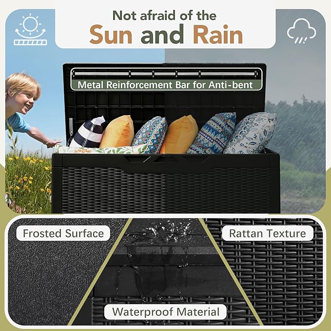 Flamaker Deck Box with Cushion 100 Gallon Waterproof Resin Storage Box with Air Rod Indoor Outdoor Lockable Storage Bench for Patio Furniture, Tools, Pool Accessories (Black) - Image 3