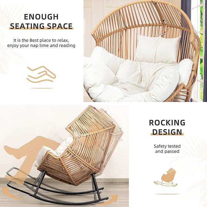Vongrasig Wicker Rocking Egg Chair PE Rattan with Cushion, Oversized Patio Lounge Rocker Chair for Outdoor, Indoor, Livingroom, Backyard, Garden (Beige) - Image 3