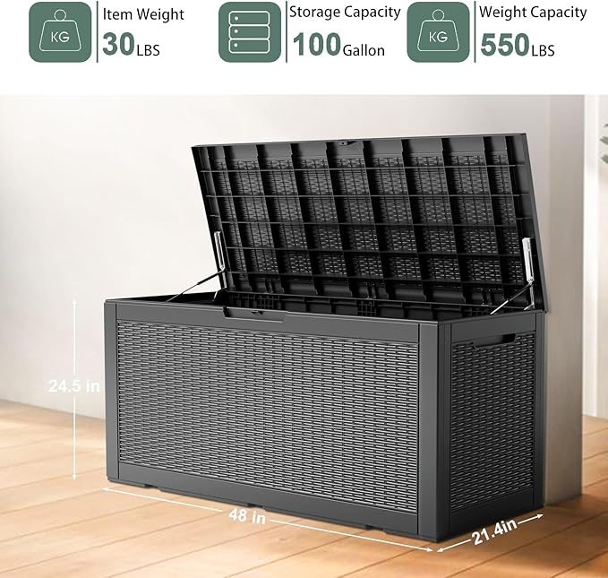 DRATO 100 Gallon Large Deck Box, Outdoor Storage Box for Patio Furniture, Patio Cushions, Gardening Tools, Pool Supplies,660lbs Weight Capacity,Waterproof Resin Storage Boxes（Black，100 Gallon） - Image 6