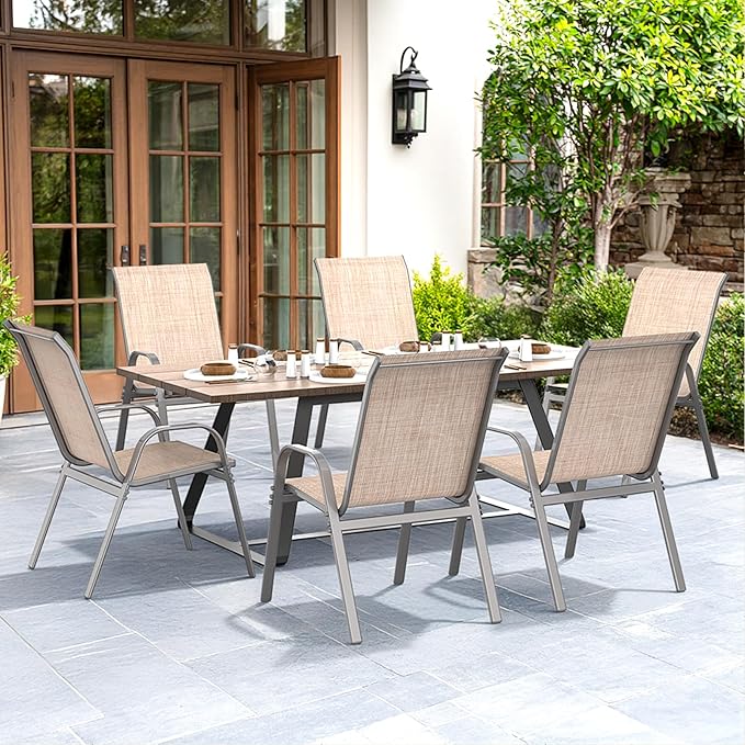 Patio Chairs Set of 6, Easily Set Up Stackable Outdoor Dining Chairs with High Back and Wide Seat, All Weather Breathable Outdoor Chairs Set of 6 with Metal Frame for Backyard Deck Pool, Beige - Image 2