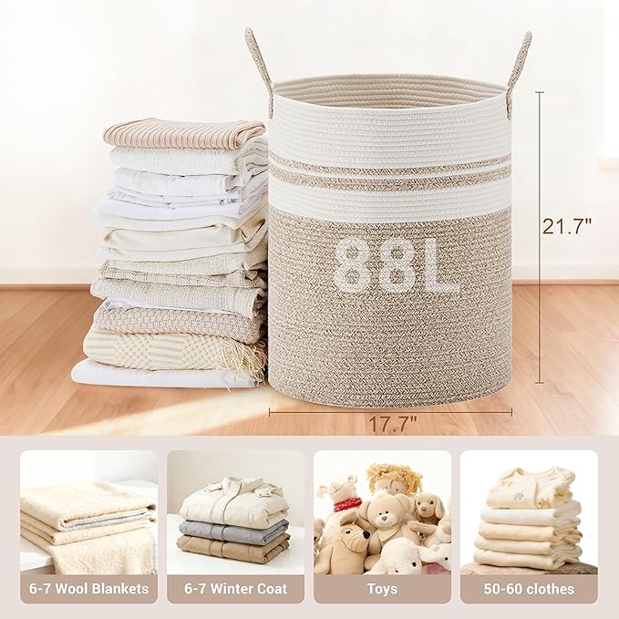 Tall Laundry Basket with Handles, 88L Portable Dirty Clothes Hamper, Boho - Image 2
