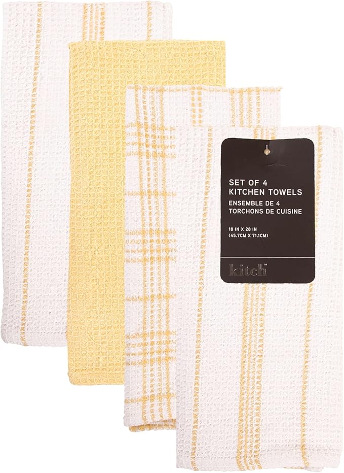 MosJos Kitchen Towels Set of 4 Dish Towels Yellow n White Waffle Weave Cotton - Image 9