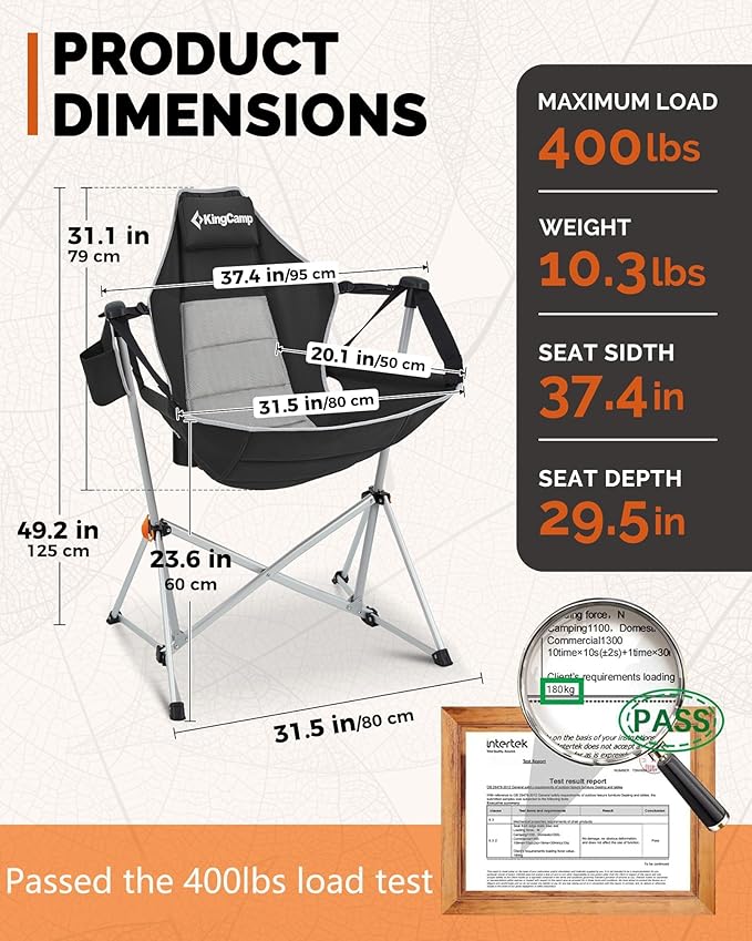 KingCamp Hammock Chair with Footrest – Heavy Duty Swinging Rocking Camping Chairs for Adults up to 400lbs, Folding Portable Oversized Rocker with Cup Holder & Pillow for Outdoor Beach Lawn RV Sports - Image 2