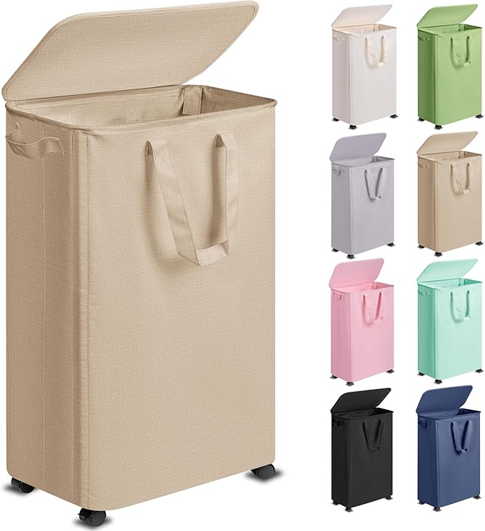 Slim Laundry Hamper with Lid and Wheels, Small Rolling Laundry Basket with by Vincona