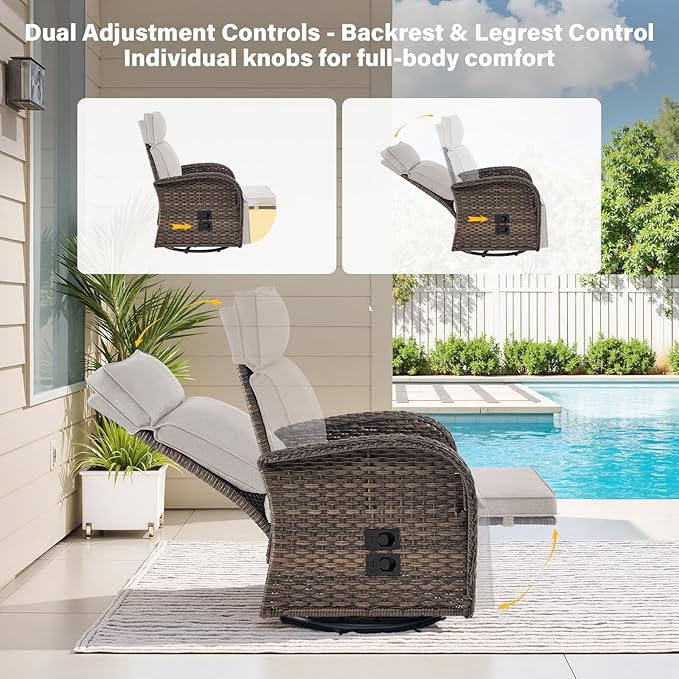 Dual-Adjust Swivel Outdoor Recliner Chair Set of 3 - Reclining Patio Chair with Adjustable Backrest and Footrest, All-Weather Wicker Chaise Lounge Outdoor with Side Table for Deck (Upgraded 2.0) - Image 4