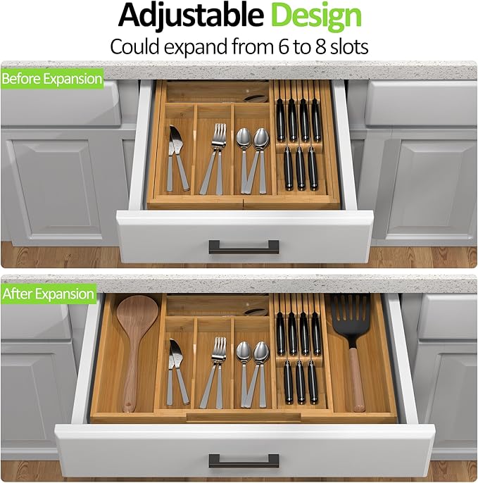 Bamboo Kitchen Drawer Organizer, Expandable Silverware Organizer - Image 2