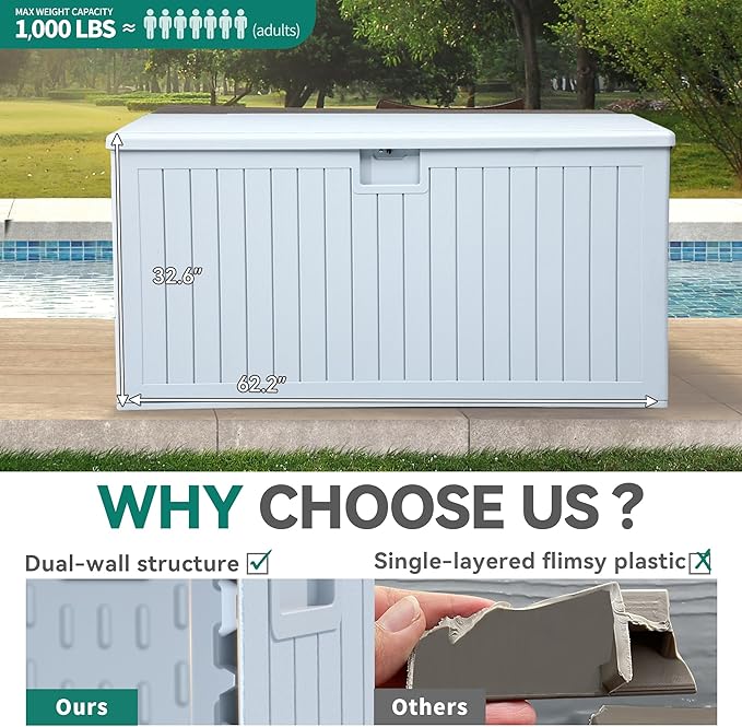 YITAHOME XXL 230 Gallon Large Deck Box,Outdoor Storage for Patio Furniture Cushions,Garden Tools with Flexible Divider,Waterproof,Lockable (White) - Image 6