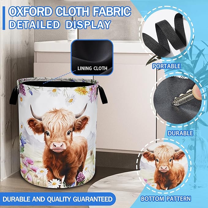 Highland Cow Laundry Basket Oxford Cloth Animal Flowers Laundry Hamper - Image 2