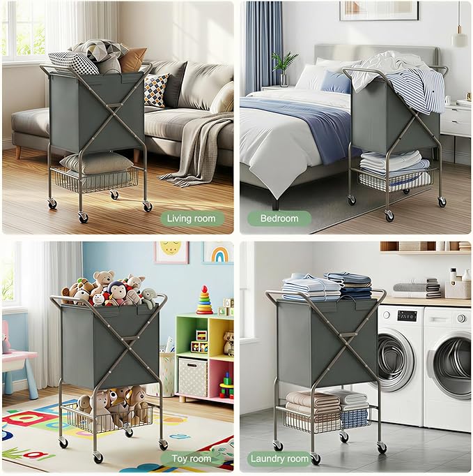 Laundry Basket with Wheels:88L Rolling Laundry Cart Foldable Metal Frame Dirty - Image 7