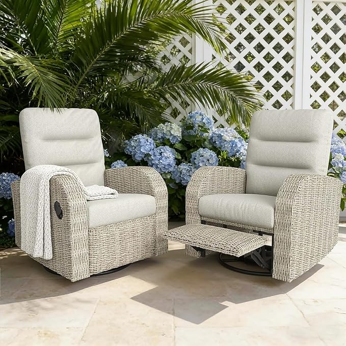 Outdoor Swivel Recliner Chair Set of 2, All-Weather Wicker Reclining Patio Chair with Adjustable Backrest and Footrest by Vakollia