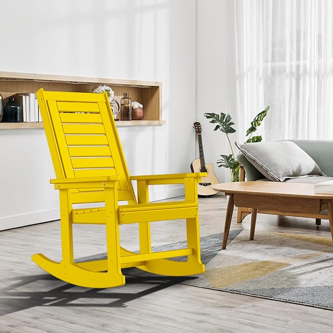 GREENVINES Outdoor Rocking Chairs | Set of 2 | Porch Rocker | HDPE Plastic | Yellow | Oversized Rockers | High Back | Big & Tall | Ladder Back | for Patio Outside Backyard Balcony Garden - Image 2