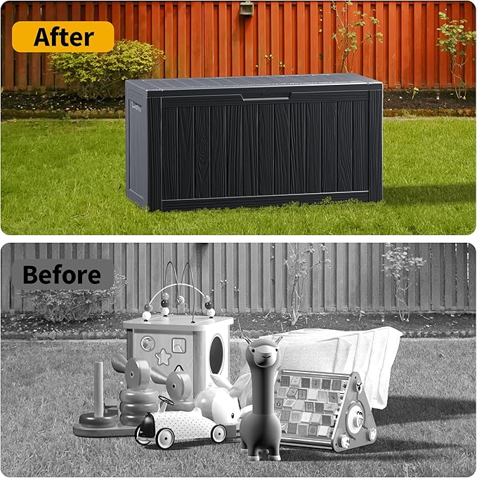 ROJIK Outdoor Storage Housing Deck Box - Waterproof Patio Furniture, Garden Tools, Cushions, Pool Accessories Storage Bench with Lockable Lid and Side Handles (Black 80 Gal) - Image 6