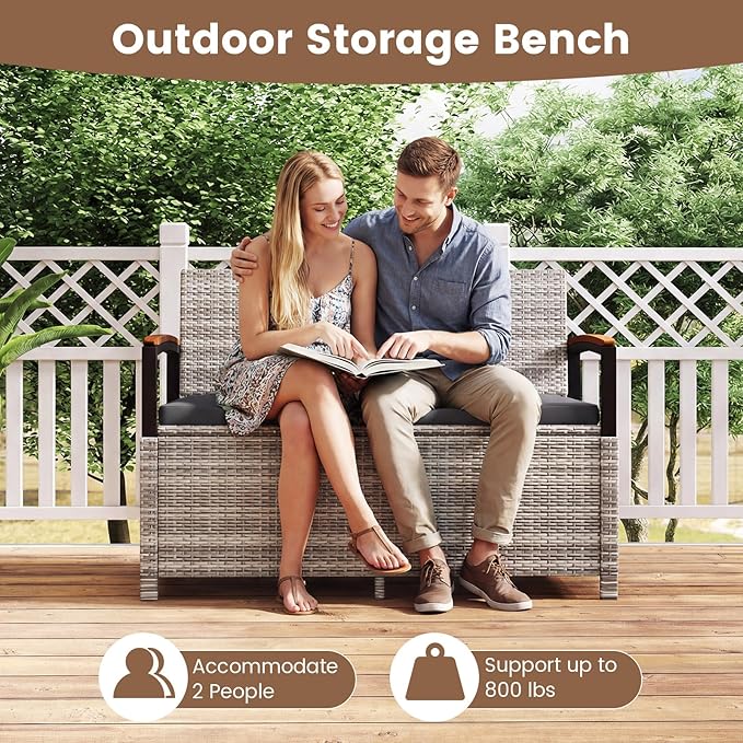 RELAX4LIFE Wicker Outdoor Storage Bench, Rattan Deck Box w/Protective Liner for Patio Furniture Pillows & Garden Tools, Porch Loveseat with Seat Cushion, Acacia Wood Armrests (Grey) - Image 8