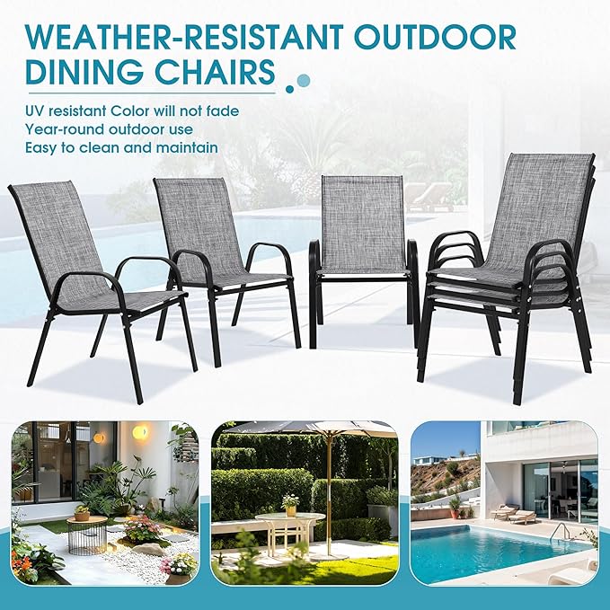 Outdoor Stackable Chairs Set of 6, Stacking Patio Chairs with Textilene Fabric, Outside Furniture for Garden Backyard Balconie Poolside Deck, Grey - Image 6