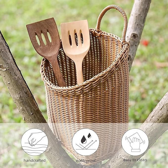 Woven Hanging Wicker Basket for Door, Handmade Rattan Hanging Wall Baskets for - Image 3