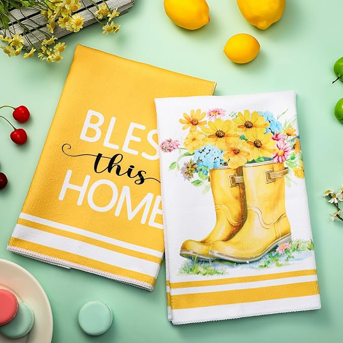 Boyiee Set of 6 Yellow Flower Kitchen Towels Decorative Floral Tea Towels - Image 3