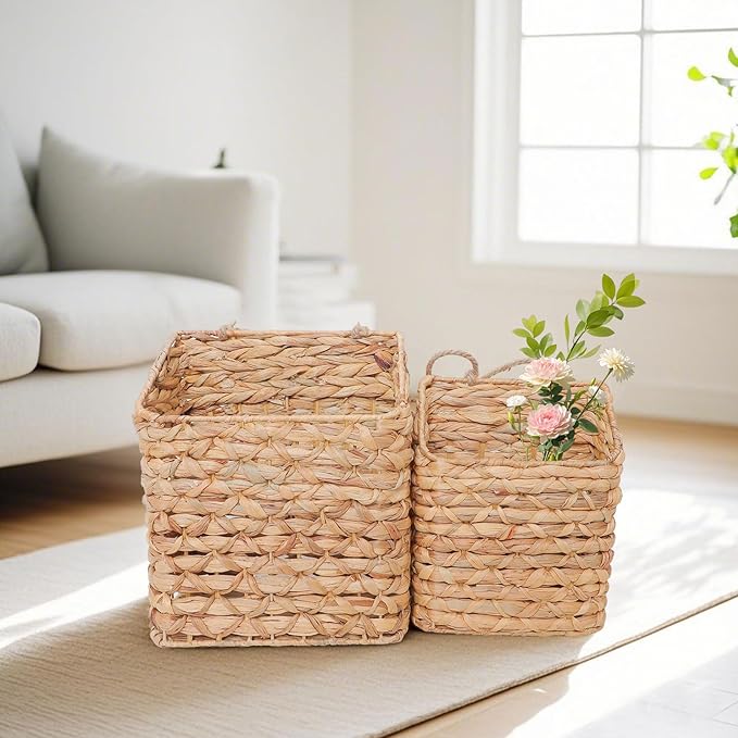 2-Tier Wall Hanging Wicker Water Hyacinth storage baskets Set, Woven Rustic - Image 5